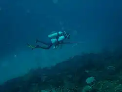 Photo of Abram on the submarine island at 38 m depth