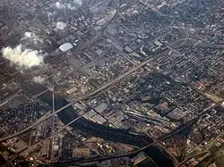 An aerial photograph of downtown Indianapolis