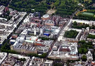 Aerial photograph of the Albertopolis area, taking in the museums, Exhibition Road and part of Hyde Park.